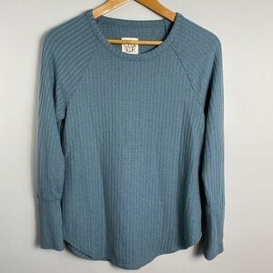 CHASER Women's Grayish-Green Thermal Waffle Knit Button Cuff LS Shirt Medium